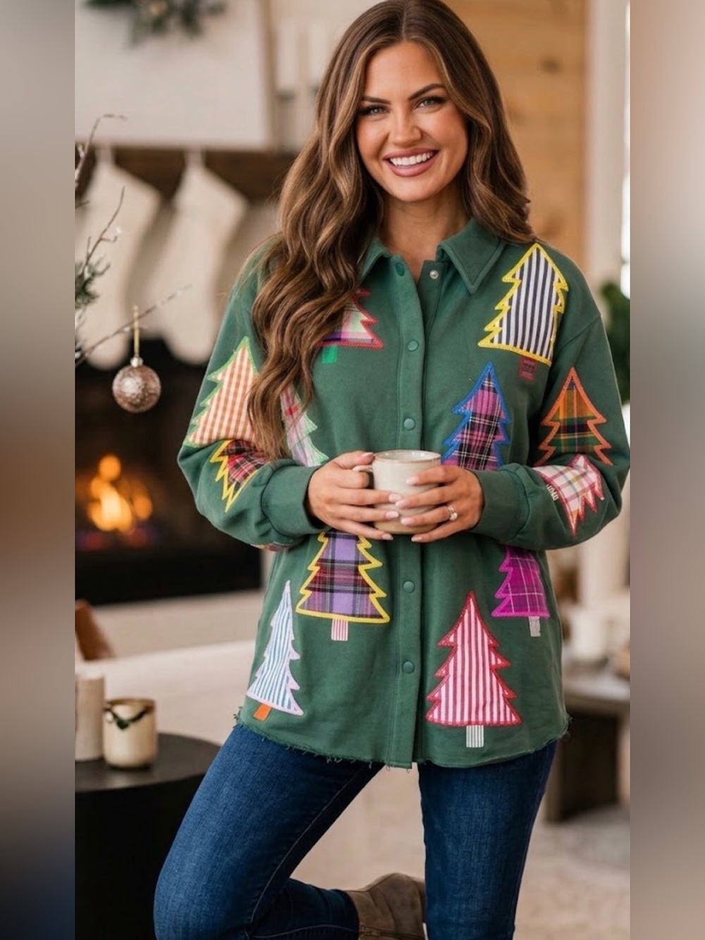 New! QUEEN OF SPARKLES Green Multicolor Plaid Sequin Christmas Tree Shacket